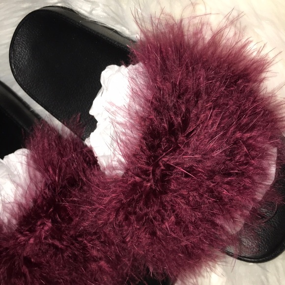 Slippers with red wine marabou fur - Picture 3 of 3